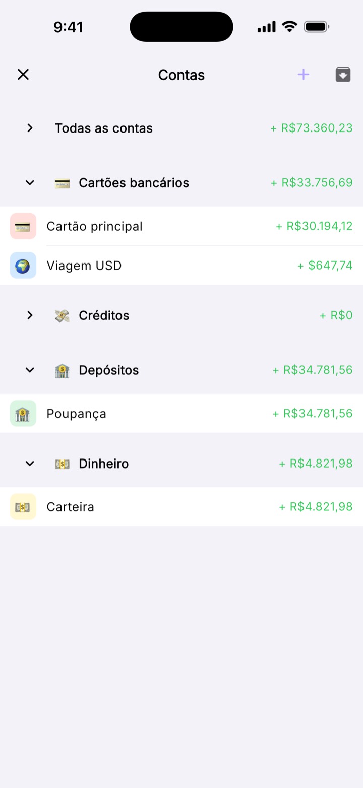 Tela de contas do Mosara com saldos por grupo de contas