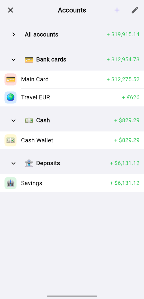 Mosara — Accounts screen with grouped, multi-currency balances