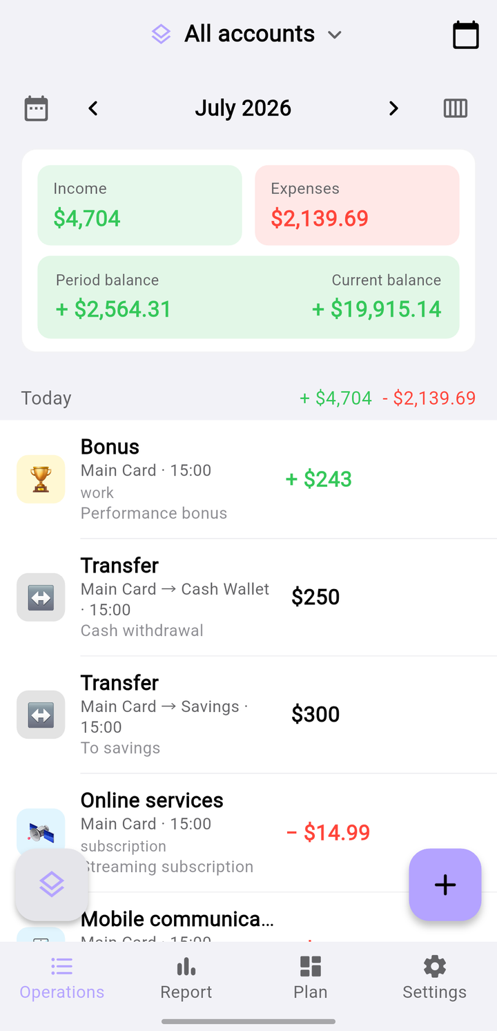 Mosara — Operations screen showing monthly income, expenses, balances and recent transactions